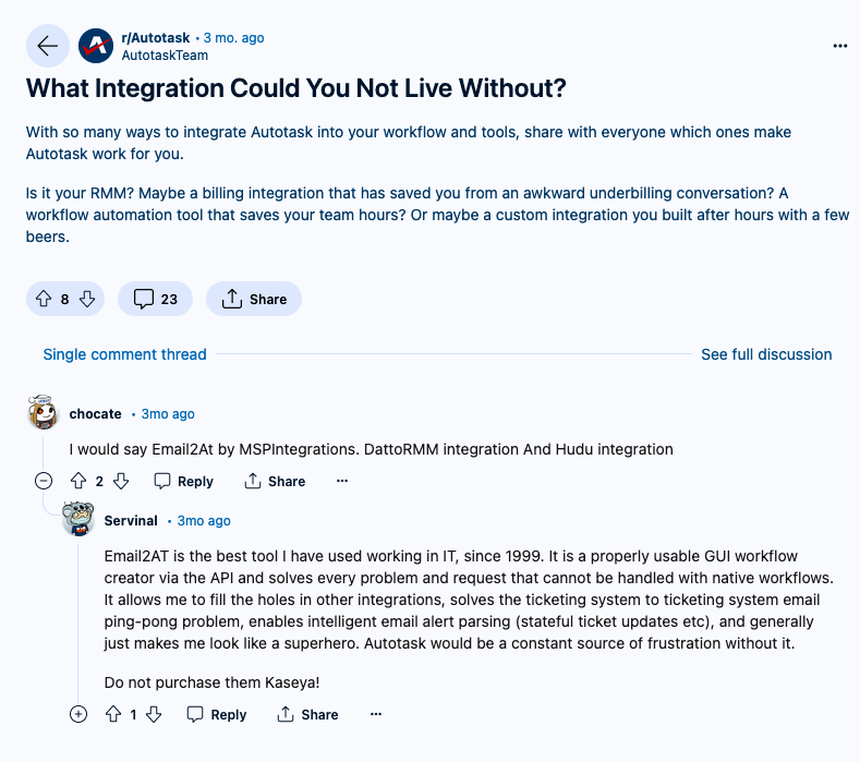 Customer feedback screenshot